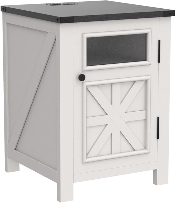 JXQTLINGMU Farmhouse End Table with Charging Station, 18'' Rustic Nightstand with Barn Door & Adjustable Shelf, Wooden Sofa Side Table with 3-Tier Storage for Living Room, Bedroom, White-Ruum Studio Home