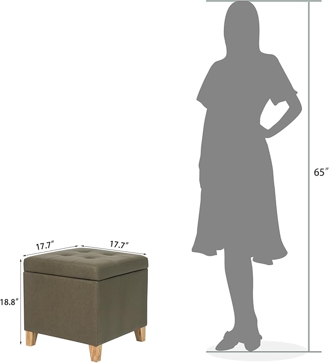 Adeco Fabric Storage Ottoman Bench with Solid Wood Legs, 17.7" Square Olive Green Leathaire Cube Foot Stool, Upholstered Button Tufted Vanity Chair with Hinged Lid for Living Room, Bedroom, Dorm-Ruum Studio Home