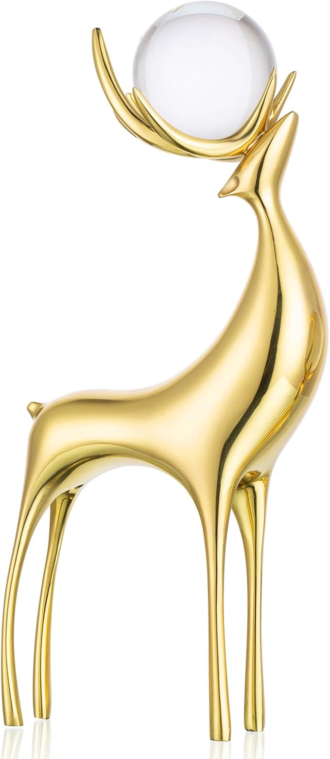 Sziqiqi Brass Reindeer Christmas Statue - Deer Sculpture for Living Room Decor - Gold Metal Reindeer Antler Animal for Tabletop-Ruum Studio Home