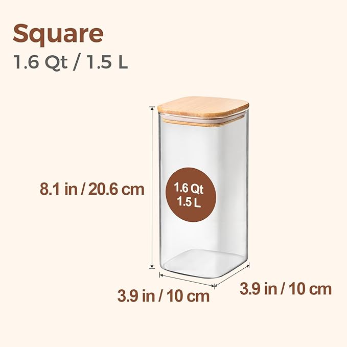 ComSaf Airtight Glass Storage Canister with Wood Lid (1.6 Qt), Clear Food Storage Container Jar with Sealing Lids for Oat Pasta Flour Cereal Rice Sugar Tea Coffee Beans, Set of 3 Square Cookie Jar-Ruum Studio Home