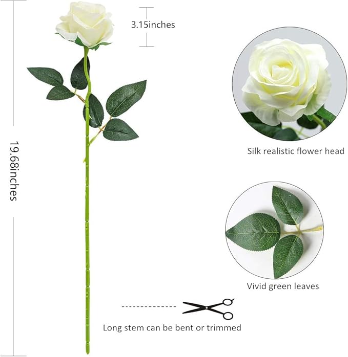 White Fake Roses Artificial Flowers - 10 Pcs Fake Artificial Roses Silk Flowers with Stems for Home Wedding Hotel Office Centerpiece Decor-Ruum Studio Home