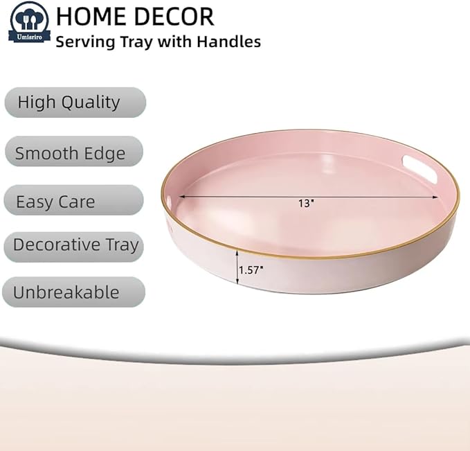 13" Pink Serving Tray with Handles,Round Decorative Tray for Coffee Table, Plastic Modern Coffee Table Tray for Ottoman, Living Room, Bathroom, Décor.-Ruum Studio Home
