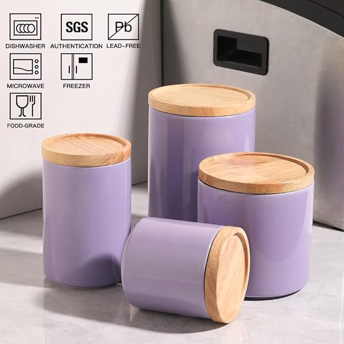 Sweejar Ceramic Food Storage Jar, Stackable Kitchen Canisters, Containers with Airtight Seal Wooden Lid for Serving Coffee Grounds, Coffee Bean, Flour, Tea, Spice and More - 39 Fl Oz (Purple)-Ruum Studio Home