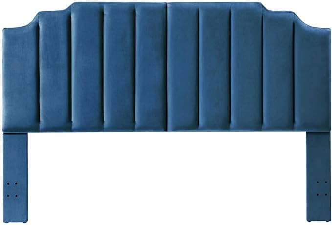 24KF Navy Blue Velvet Tufted King Upholstered Headboard, Modern Vertical Channel Design California King Headboard with Stepped Silhouette Top Edge, Navy Blue-Ruum Studio Home