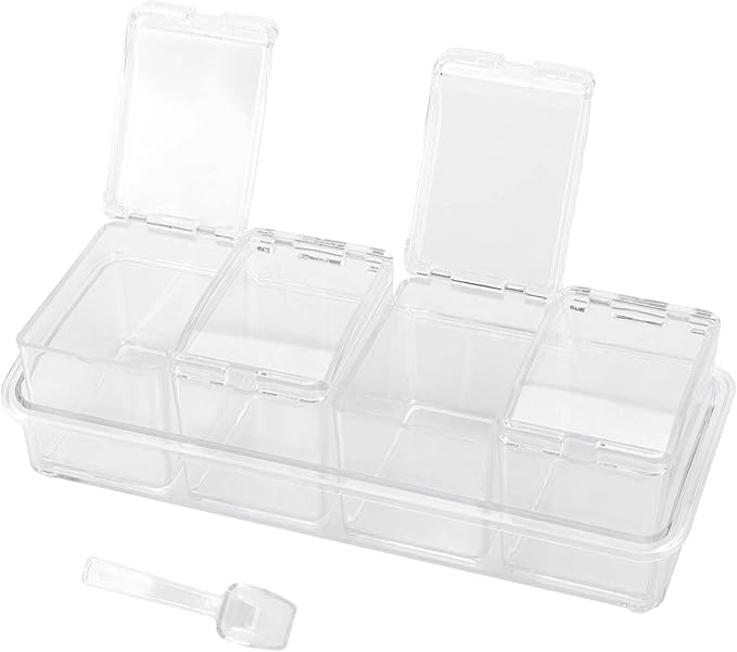 JAPCHET 3 Pack 4 Cell Clear Seasoning Box with Spoons, 10.2 × 3.54 × 3 inch Seasoning Storage Container with Cover, Clear Seasoning Rack Spice Pots for Spice, Salt, Sugar-Ruum Studio Home