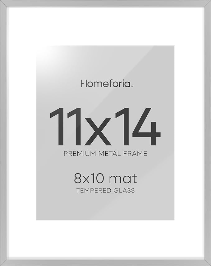 Homeforia 11x14 Picture Frame Silver, High End Metal 11x14 Frames with Mat 8x10, 11 x 14 Silver Poster Frame Matted to 8 x 10 inch Photo, 11by14 Thin Hanging Frames, Tempered Glass, Wall Kit, Set of 1-Ruum Studio Home