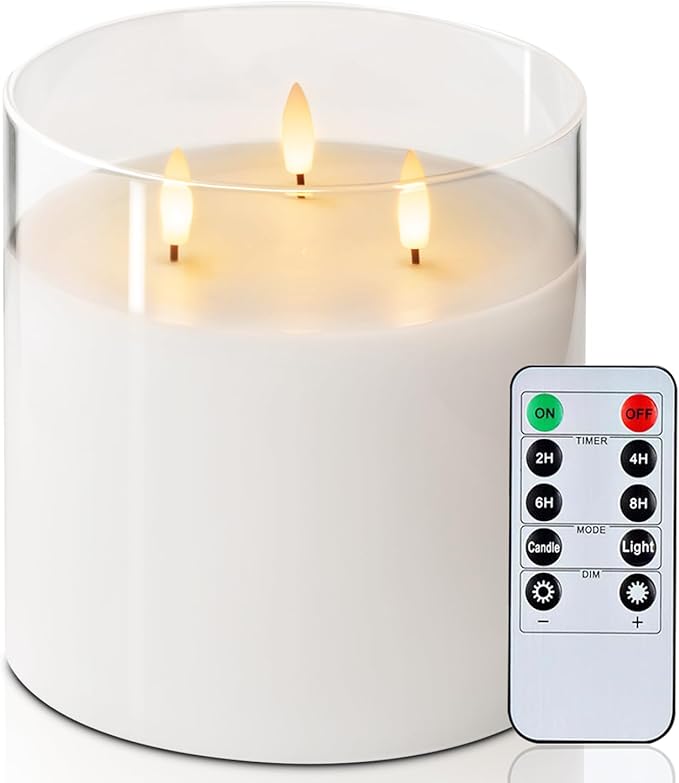 Homemory 6X6'' Extra Large Flameless Candle with 3 Wicks, Glass LED Pillar Candle, Real Wax Battery Operated Candle with Remote Control and Timer, Pure White-Ruum Studio Home