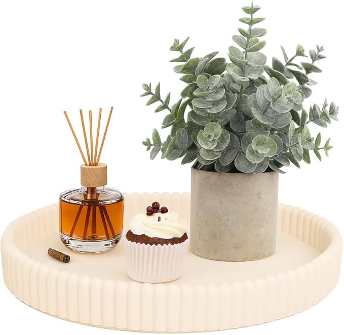 11.8in Decorative Tray for Coffee Table Decor- Modern Oval Concrete Tray for Home Decor- Minimalist Handcrafted Centerpieces Tray for Living Room, Kitchen Dining Table, Entryway (Beige)-Ruum Studio Home