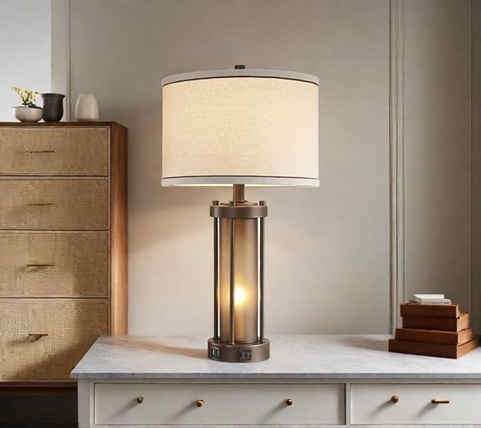 Farmhouse Table Lamps for Living Room with 2 USB Charging Ports, Vintage Rustic Nightstand Lamp with Amber Glass Nightlight, Retro Desk Lamp for Bedroom Entryway, 2 Bulbs Included-Ruum Studio Home