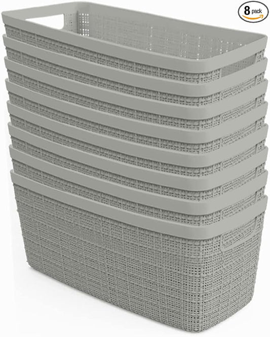 Curver Jute Decorative Plastic Organization and Storage Basket Perfect Bins for Home Office, Closet Shelves, Kitchen Pantry and All Bedroom Essentials, Set of 8 Grey-Ruum Studio Home