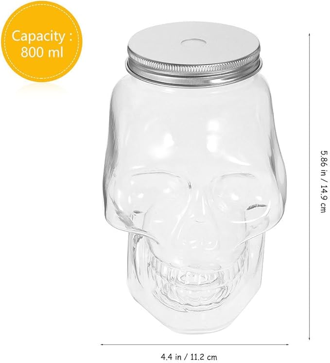 VOSAREA 4pcs Halloween Beverage Bottles Clear Skull Shaped Jar Cups 800ml Plastic Drink Bottles with Screw Straw Hole Lid Party Water Tumbler Skull Beverage Juice Mug-Ruum Studio Home