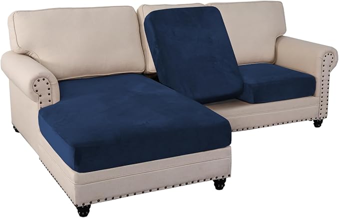 PrinceDeco Sectional Couch Covers 3 Pieces Velvet Sofa Covers L Shape Soft Couch Covers for Sectional Sofa Corner Sofa Cover Couch Cover for Dogs Washable (2 Seater + 1 Chaise,Navy)-Ruum Studio Home
