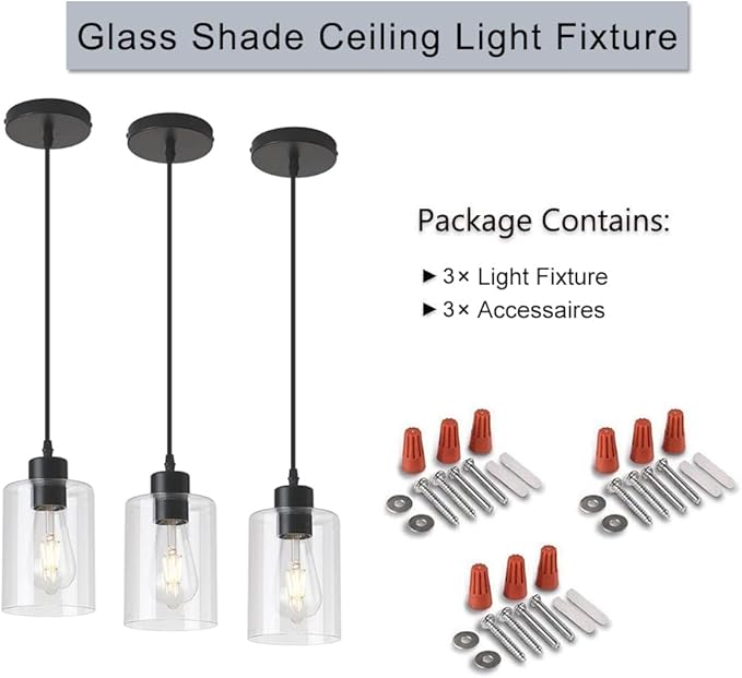 Modern Black Farmhouse Clear Glass Cylinder Pendant Light Fixture,Mini Pendant Lighting for Kitchen Island Decor - 4.75 Inch Shade, 2-58 Inch Cord (Black 3 Pack)-Ruum Studio Home