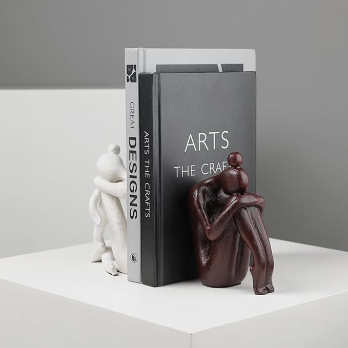 Decorative Bookends for Shelves, Unique Book Ends for Home Office Decor, Meditation Girl Statue Book Stopper for Bookshelf Decor, Modern Abstract Aesthetic Decoration White & Brown-Ruum Studio Home