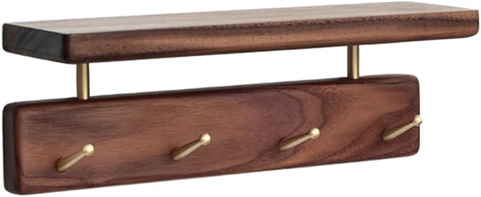 Shelf with Hooks, Solid Wood Bedroom Shelves for Wall, Wooden Coat Rack Wall Mount for Bathroom, Kitchen, Door Entryway (Walnut, 30cm/11.81inch)-Ruum Studio Home