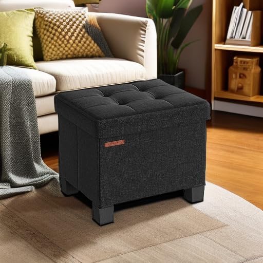 SONGMICS Storage Ottoman, Small Ottoman Foot Rest with Legs, 12.6 x 15.8 x 13.2 Inches Foot Stool, Load up to 660 lb, for Living Room, Bedroom, Dorm, Ink Black ULSF012B01-Ruum Studio Home