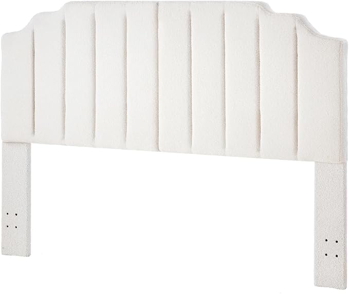 24KF White Teddy Fabric Tufted King Upholstered Headboard, Modern Vertical Channel Design California King Headboard with Stepped Silhouette Top Edge,6026-K-Teddy White-Ruum Studio Home