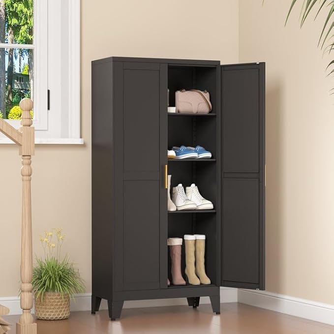 Black Metal Storage Cabinet, 48" Steel Cabinets for Home Office, Kitchen Pantry Storage Cabinet with Doors and 3 Adjustable Shelves, for Office, Home, Garage, School-Ruum Studio Home