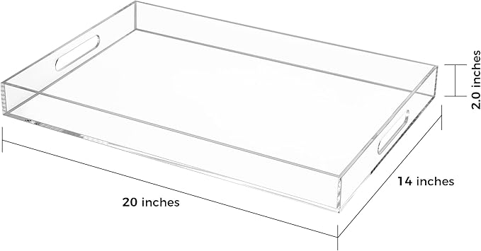 Clear Rectangular 14x20 Inches Acrylic Ottoman Tray Decorative Serving Tray with Cutout Handles Organizer Tray on Coffee Table Countertop Big Breakfast Bed Tray Living Room Appetizer Serving Food-Ruum Studio Home