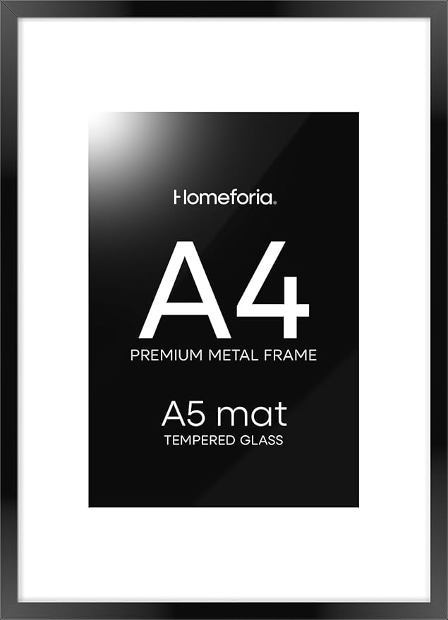 Homeforia A4 Picture Frame Black, High End Metal 8.3 x 11.7 Frames for Wall, A4 Photo Frame with Mat for A5 inch Print, 8.25 by 11.75 Black Poster Frames, 8.3x11.7 Frame with Glass, Wall Kit, Set of 1-Ruum Studio Home