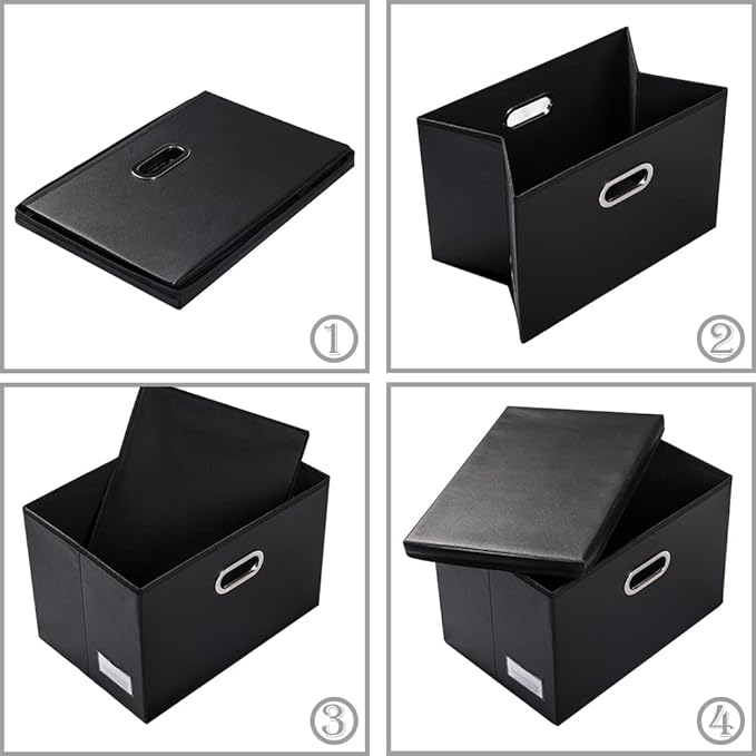 PRANDOM Extra Stackable Storage Bins with Lids [5-Pack] Leather Fabric Foldable Storage Boxes Organizer Containers Baskets Cube with Cover for Bedroom Closet Office Nursery Black (22.8x15.7x13.8)-Ruum Studio Home