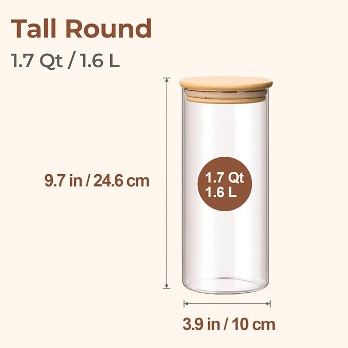ComSaf 1.7 Qt Glass Storage Containers with Lids, Glass Jars with Lids, Clear Food Storage Jar, Round Canister Set of 3, Pantry Organizers for Pasta Flour Cookie Rice Tea Coffee Bean-Ruum Studio Home