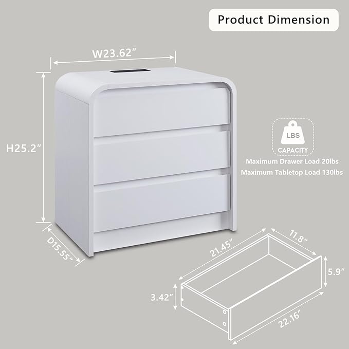 25" Tall Modern Nightstand with Charging Station, 23.6'' Wide Wood Bedside Table w/3 Storage Drawers, Small Dresser w/Curved Profile Design, End Table for Bedroom, White-Ruum Studio Home