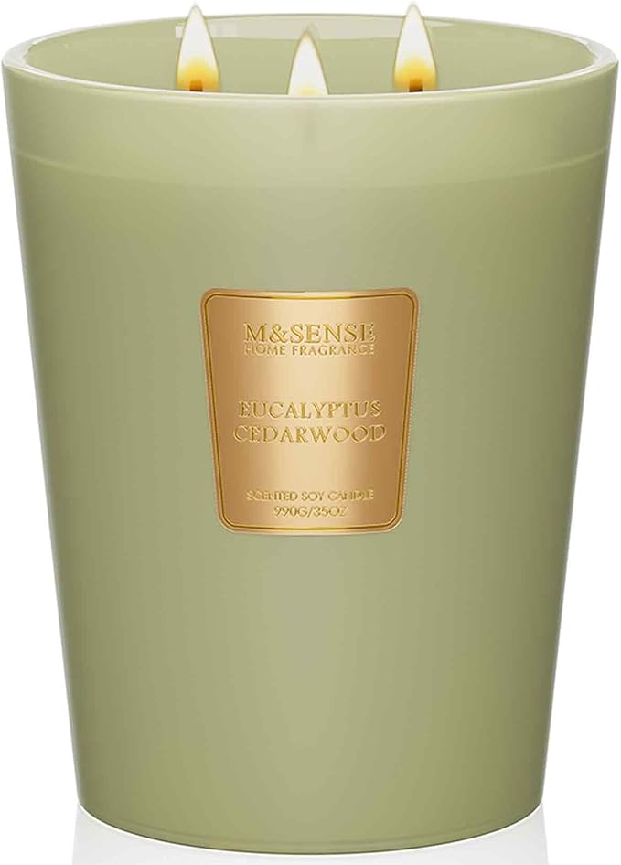 M&SENSE Eucalyptus & Cedarwood Scented Candle, 3 Wick 35oz Natural Soy Wax Candles for Home Scented, Green Candles Gift for Spring, 150 Hours Long Lasting Slow Burning-Ruum Studio Home