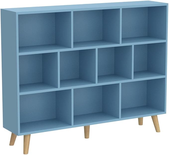 IOTXY Wooden Open Shelf Bookcase - 3-Tier Floor Standing Display Cabinet Rack with Legs, 10 Cubes Bookshelf, Bright Blue-Ruum Studio Home