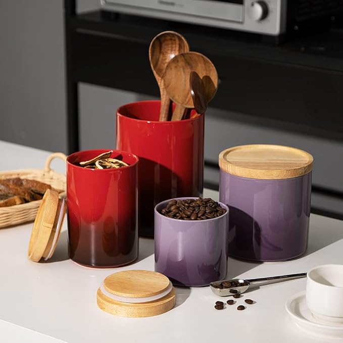 Sweejar Ceramic Food Storage Jar, Stackable Kitchen Canisters, Containers with Airtight Seal Wooden Lid for Serving Ground Coffee, Tea, Sugar, Salt and More - 28 Fl Oz (Gradient Purple)-Ruum Studio Home