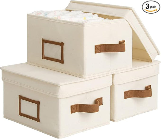StorageWorks Storage Bins with Lids, Decorative Storage Boxes with Lid and PU Handles, Foldable Storage Baskets for Closet, Shelves, Stackable, Ivory, Medium, 3-Pack-Ruum Studio Home