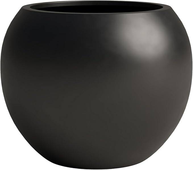 DTY Signature Mount Sherman Lightweight Durable Modern Fiberstone Sphere Planter for Indoor & Outdoor Drainage Hole & Rubber Plug Weather Resistant, 17" H x 21" Dia 14.4" Pot Opening - Large, Black-Ruum Studio Home