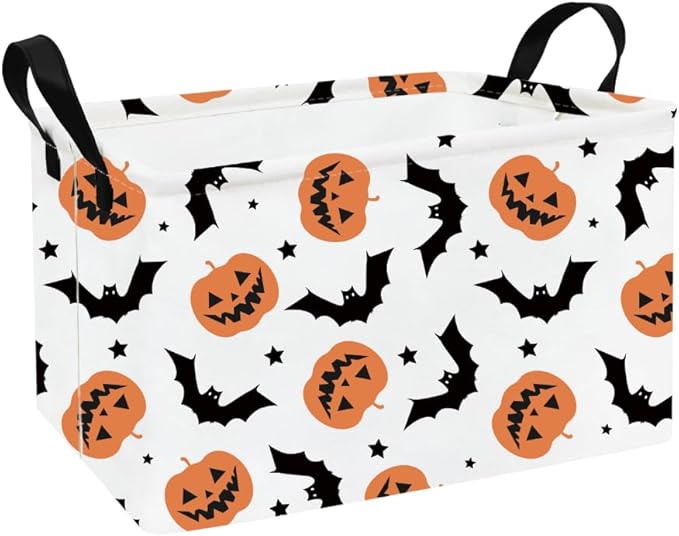 FANKANG Storage Bins,Halloween Nursery Hamper Canvas Laundry Basket Foldable with Waterproof PE Coating Storage Baskets for Boys and Girls, Office, Bedroom, Clothes,Toys(Rec-Halloween Pumpkin Bat-Ruum Studio Home