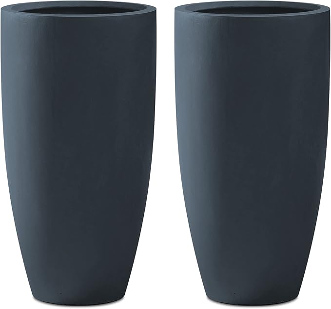 Kante 23.6" H Charcoal Concrete Tall Planters (Set of 2), Large Outdoor Indoor Decorative Plant Pots with Drainage Hole and Rubber Plug, Modern Style for Home and Garden-Ruum Studio Home