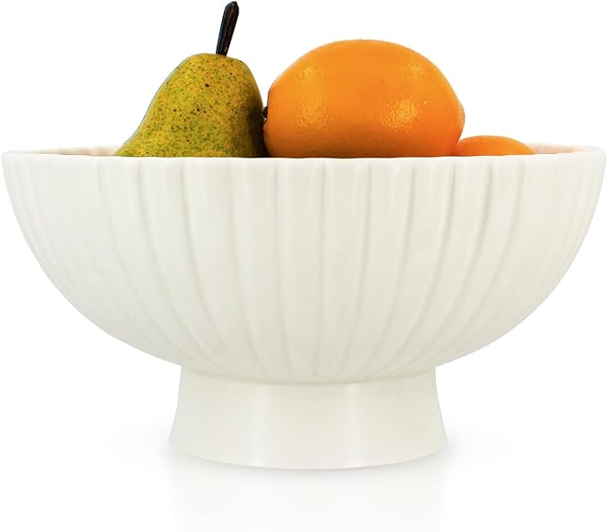 White Ceramic Fluted Decorative Bowl - 8 inch Fruit Footed Bowl for Kitchen Counter, Modern Key Pedestal Ruffle Bowl for Entryway Table & Home Organization-Fits Bread, Fruits, Salad or Popcorn-Ruum Studio Home