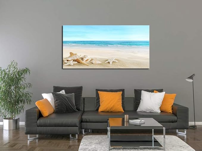 DZL Art S73975 Beach Picture Decor Ocean Painting Canvas Wall Art Prints of Starfish and Seashell on Sandy Seaside Ready to Hang for Living Room Bedroom Office Wall Decor Home Decoration-Ruum Studio Home