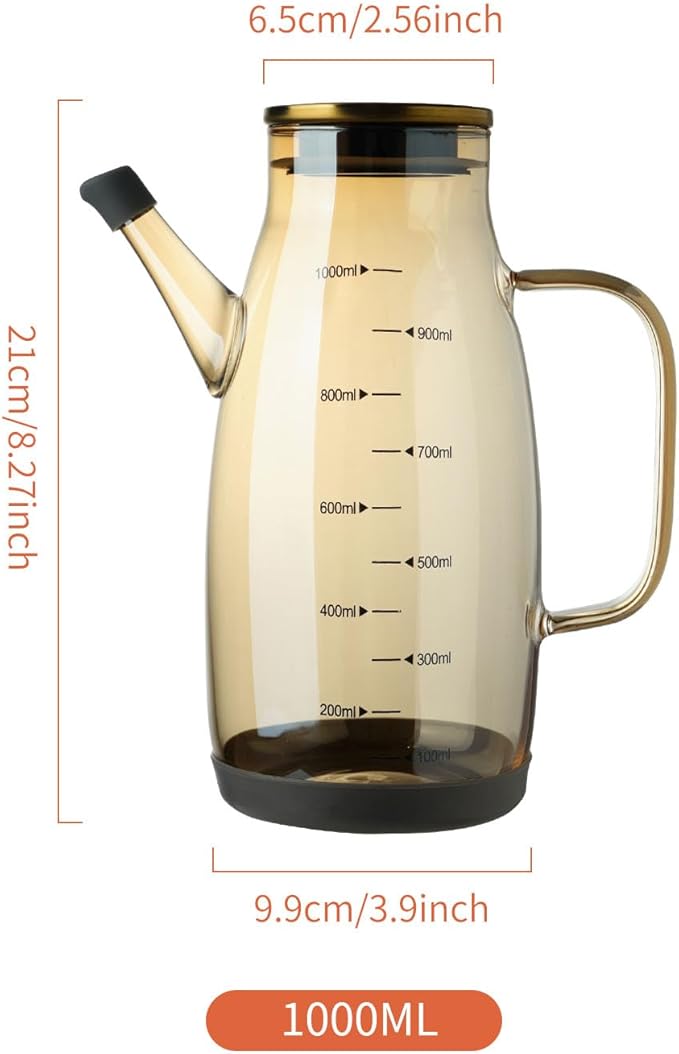 Large Glass Oil Dispenser Bottle for Kitchen Cooking Recipiente Para Aceite De Cocina Olive Oil Vinegar Dispenser Cruet Stainless Steel Lid No Drip Liquid Container (Champagne, 34oz /1000ml)-Ruum Studio Home