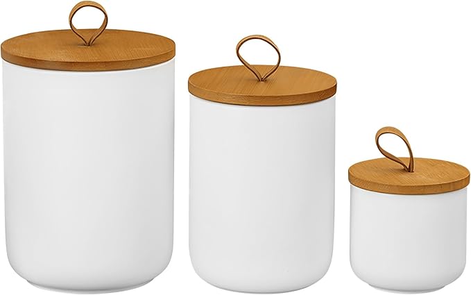 Ceramic Storage Jars, Modern Elegant Polished Airtight Gorgeous Storage Canisters with Wooden Lid Small Food Stroage Jar for Kitchen Spice Tea Vanilla Sugar Coffee Beans (3Pcs Suit White)-Ruum Studio Home