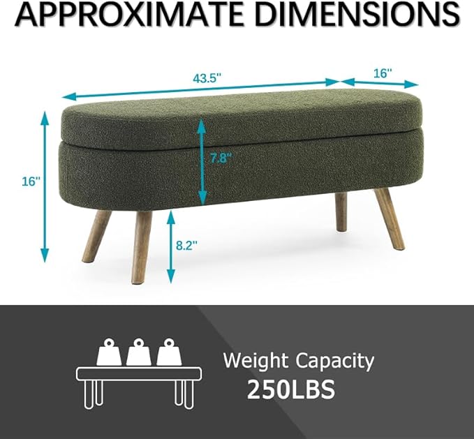 Oval Storage Bench 43.5" Linen Fabric Upholstered Entryway Bench with Solid Wood Legs Ottoman Bench Indoor Bench for Living Room/Bedroom/End of Bed/Entryway (Dark Green)-Ruum Studio Home