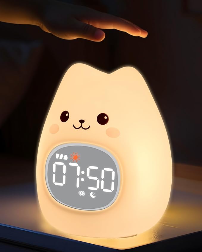 Cat Alarm Clock for Kids with Night Light, Sleep Training Clock Time to Wake Clock, Rechargeable Silicone Light for Bedroom, Perfect Sleep Companion for Boys Girls-Ruum Studio Home