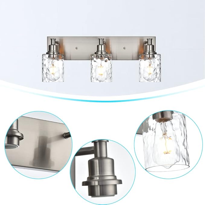 BONLICHT Bathroom Vanity Light Fixtures 3 Lights Modern Wall Sconce Brushed Nickel with Metal Base and Hammered Glass Shade, Industrial Farmhouse Bath Wall Lights for Hallway Kitchen Bedroom-Ruum Studio Home
