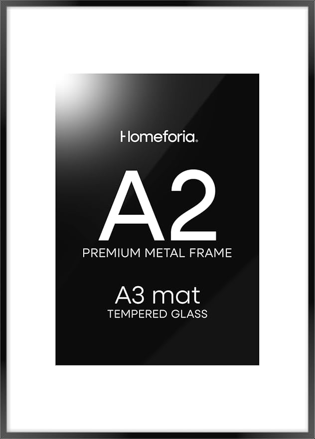 Homeforia A2 Picture Frame Black, High End Metal 16.5 x 23.5 inch Poster Frames with Mat 11.7 x 16.5 for Photo, A2 Size Frames Matted to A3 Print, 16.5 by 23.4 Hanging Frames, Tempered Glass, Set of 1-Ruum Studio Home