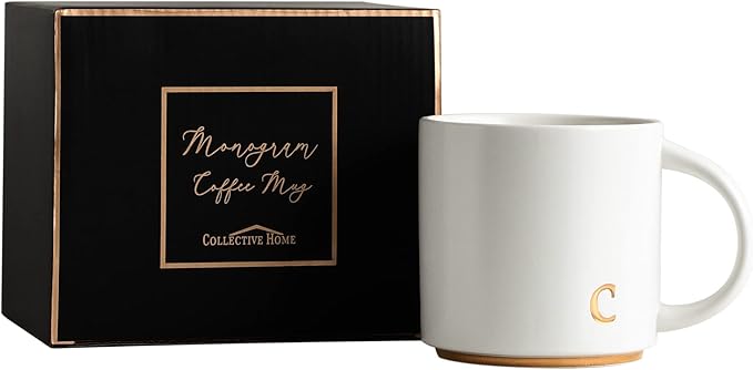 COLLECTIVE HOME - Monogram Ceramic Mugs, 15 oz Golden Initial Coffee Cups, Elegant Alphabet Tea Mugs, Elegant Personalized Mug with Gift Box, Luxurious Cups for Office and Home (c)-Ruum Studio Home