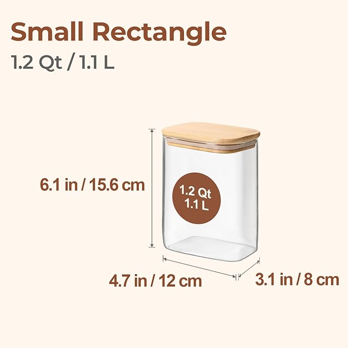 ComSaf 1.2 Qt Rectangle Glass Storage Containers with Lids, Glass Jars with Bamboo Lids, Clear Food Storage Jar, Sugar Coffee Containers, Pantry Container for Pasta Tea Candy Nut-Ruum Studio Home