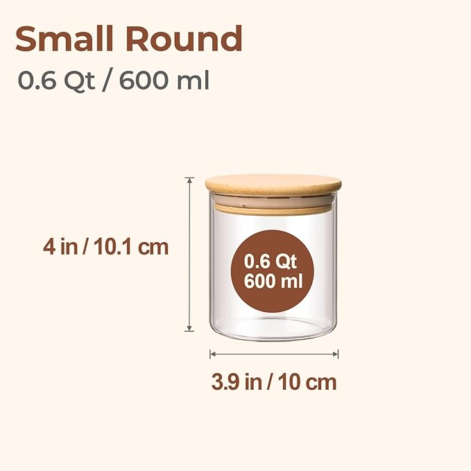 ComSaf Airtight Glass Food Storage Jars Set of 6, 0.6 Qt Clear Glass Food Storage Container with Sealing Wooden Lid, Stackable Spice Jar, Round Kitchen Canister for Sugar, Tea, Coffee bean, Pasta, Oat-Ruum Studio Home