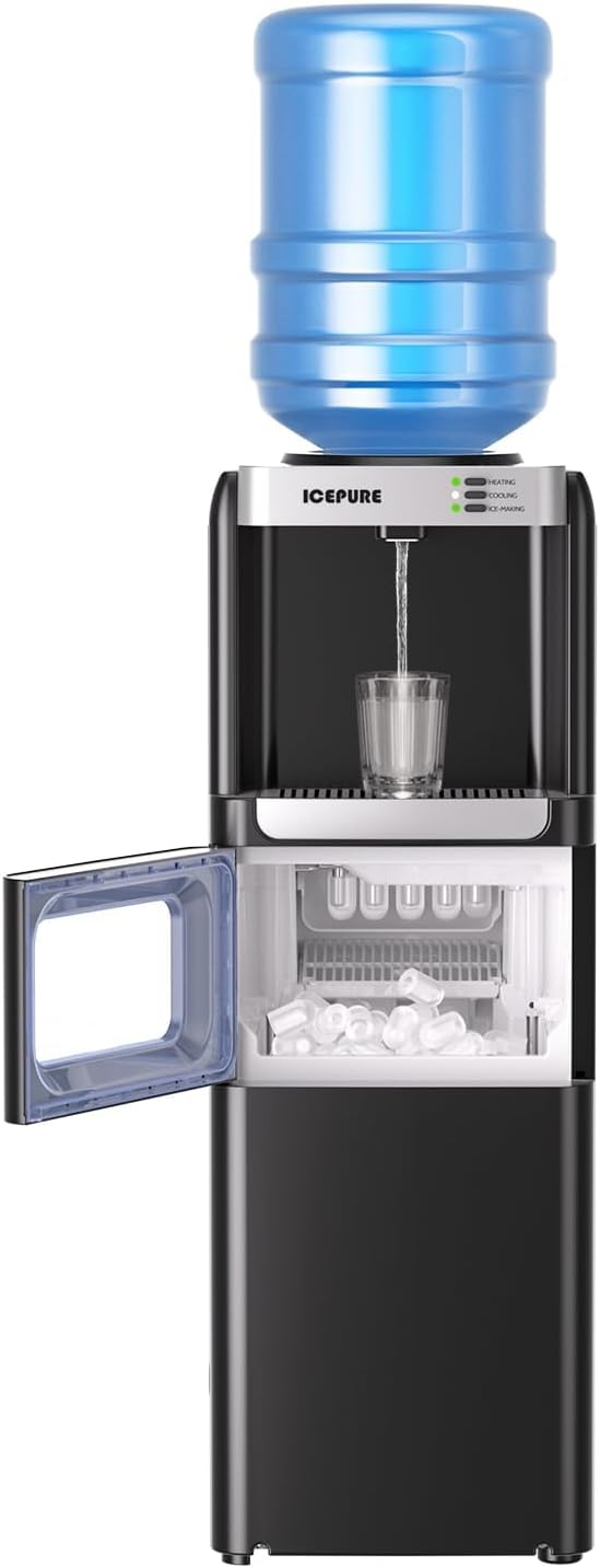 ICEPURE 3-in-1 Water Dispenser with Ice Maker, Water Cooler Dispenser for 5 Gallon Bottle Built-in Bullet Ice Maker Top Loading, Hot and Cold Water Dispenser for Home/Office, 33lbs/24H, Child Lock-Ruum Studio Home