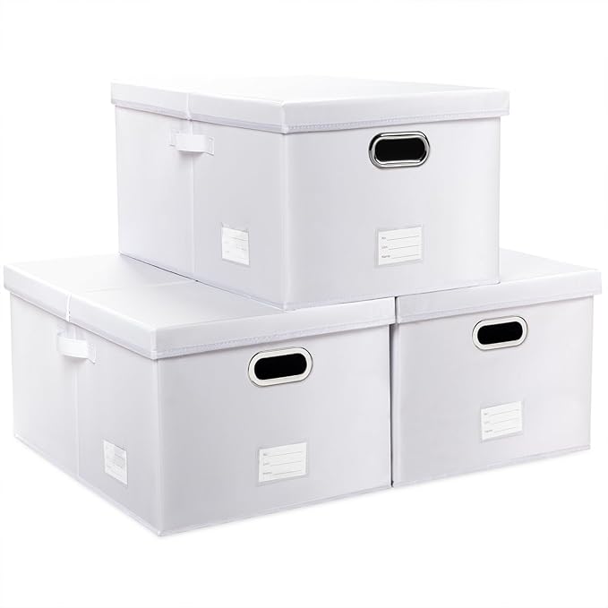 PRANDOM Collapsible Storage Box with Lid [3-Pack] Leather Fabric Foldable Storage Bin Organizer Container Basket Cube with Cover for Home Bedroom Closet Office Nursery White(22.8X15.7X11.8)-Ruum Studio Home