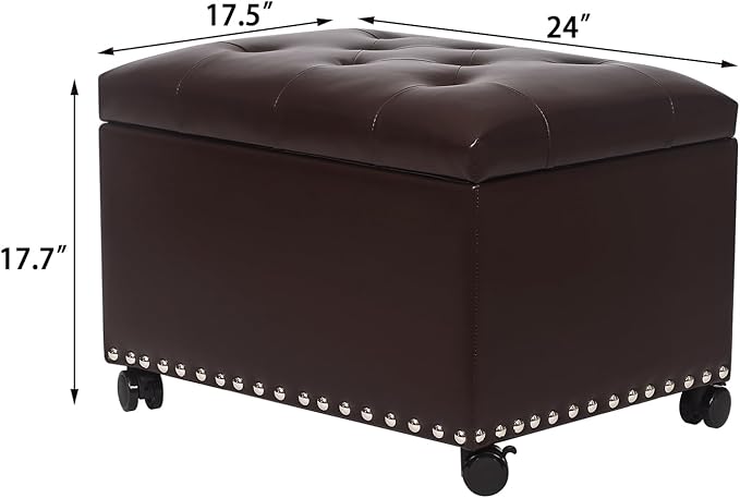 Joveco Leather Storage Ottoman with 360° Wheels 24" Rolling Foot Rest Bench Rectangle Ottomans Stool for Living Room Bedroom (Brown, Wheels)-Ruum Studio Home
