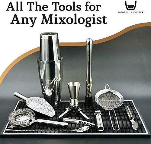 Highball & Chaser 13-Piece Boston Cocktail Shaker Set Stainless Steel Mixology Bartender Kit With Stand For Home Bar Cocktail Set | Laser Engraved Cocktail Tools | Plus E-Book with 30 Cocktail Recipes-Ruum Studio Home