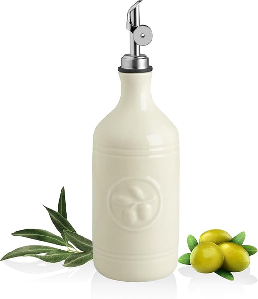 Sweejar 16 Oz Ceramic Olive Oil Dispenser Bottle, Oil Dispenser for Kitchen with Gravity Spout, Relief Opaque Oil Container for Evoo, Avocado Oil, Vinegar, Soy Sauce, 1 Pack(Beige, Silver Spout)-Ruum Studio Home